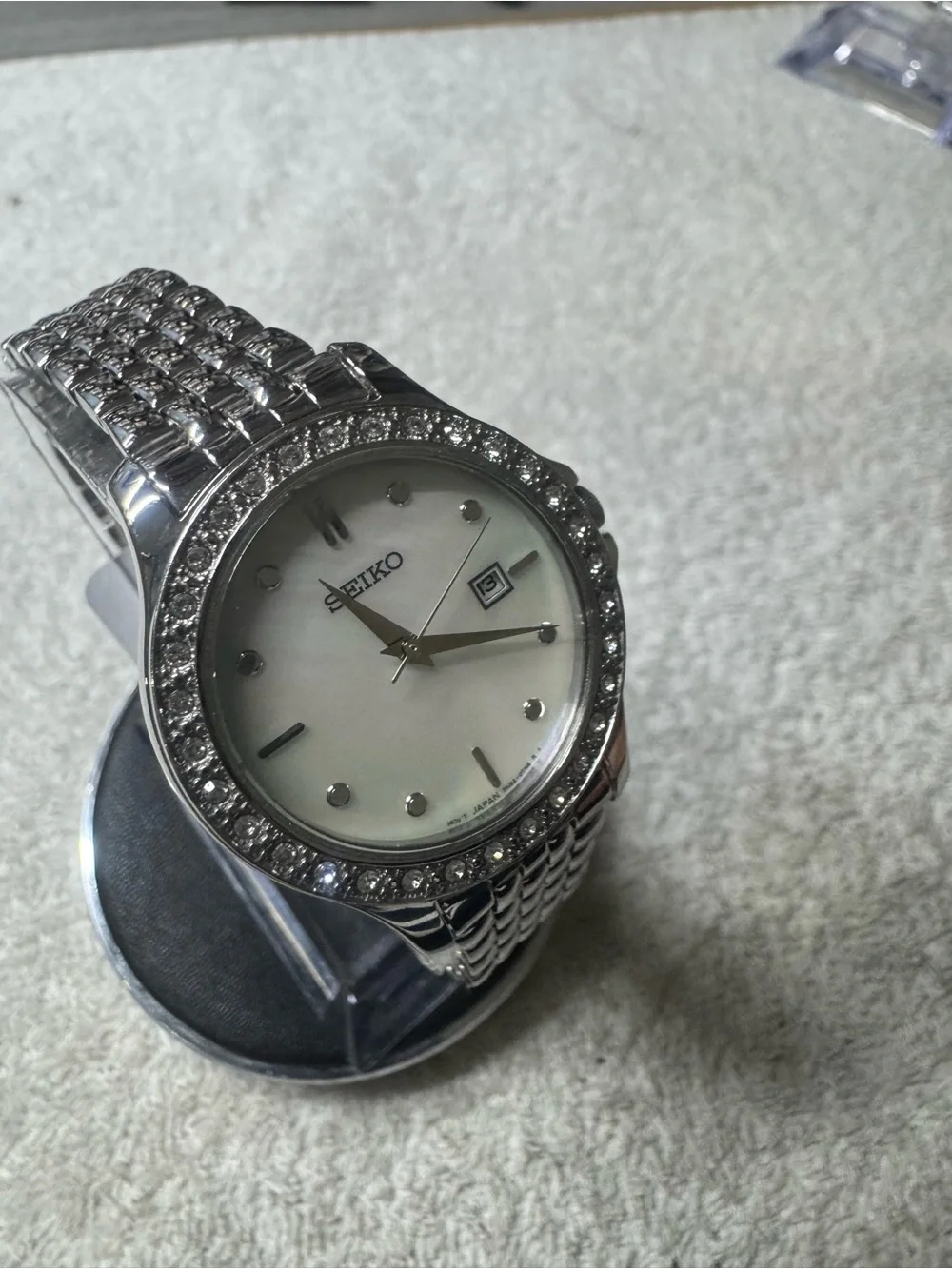 Seiko Silver and White Crystal-Trim Women's Bracelet Watch